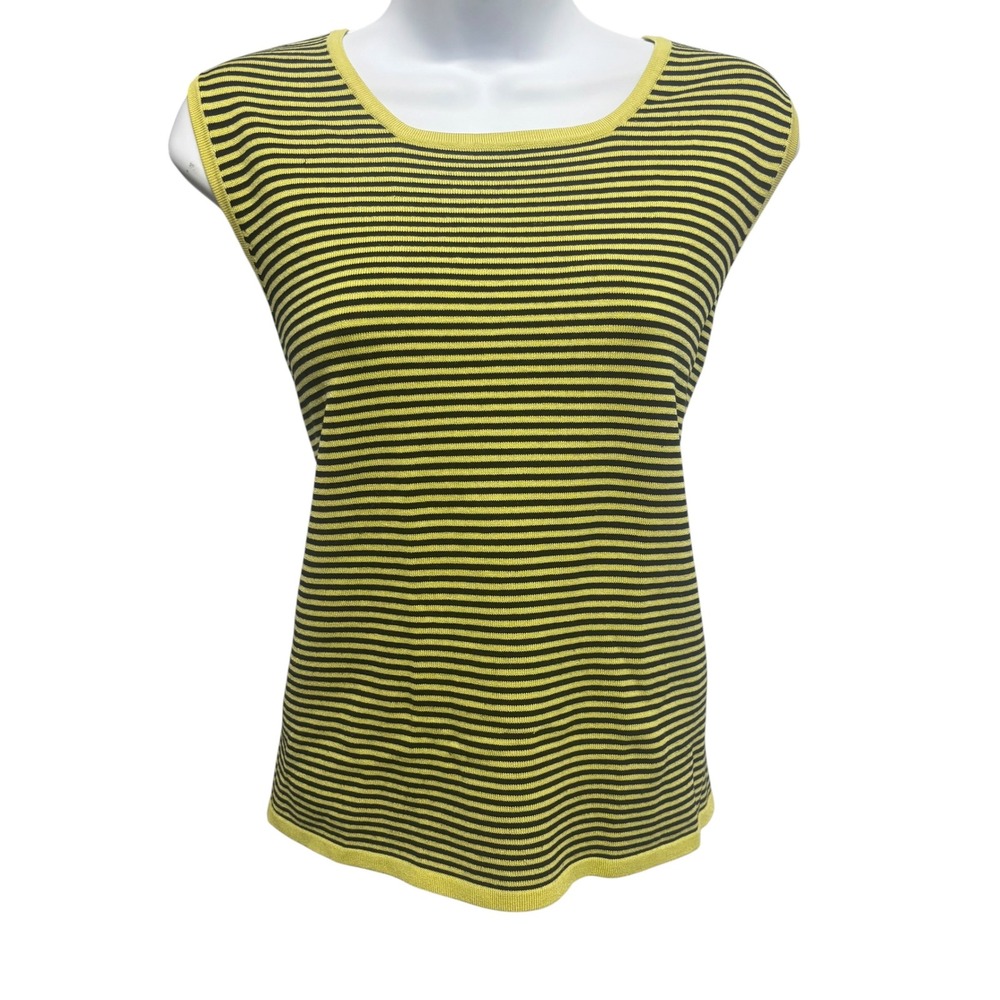 City Silk Knitwear Sleeveless Shell Top XL‎ Chartreuse Yellow Black Striped Silk